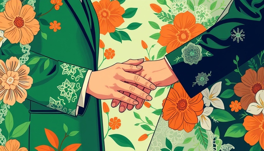 Illustration of a wedding ring exchange amid cultural challenges.