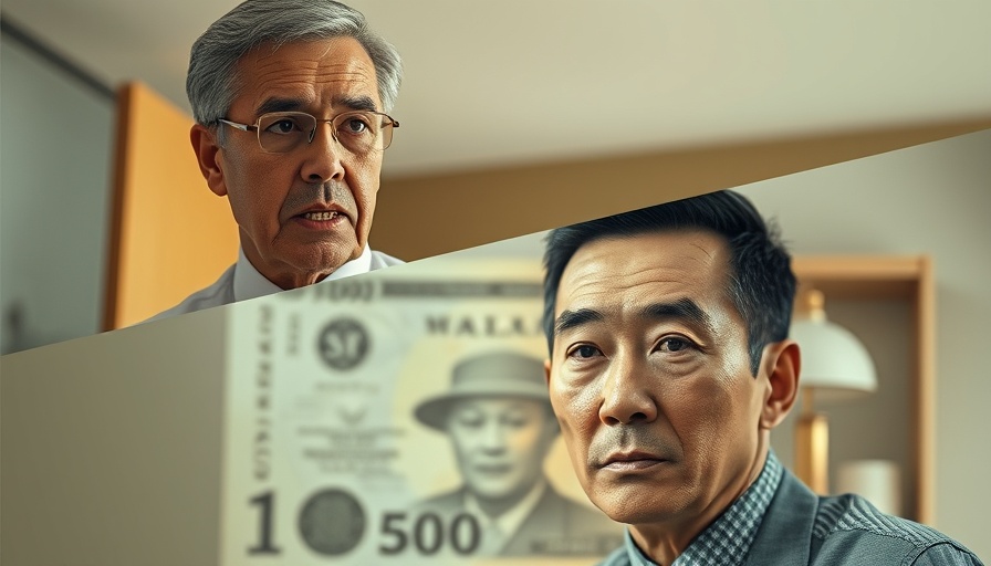Mature individual discussing industrial scale lying over currency-themed background.