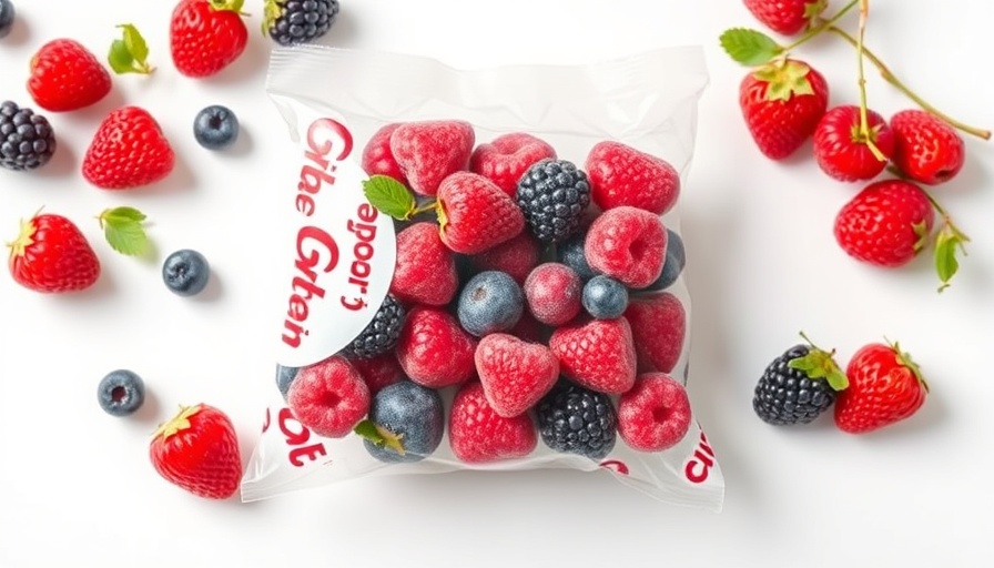 Frozen berry fruit blend package displaying product details.