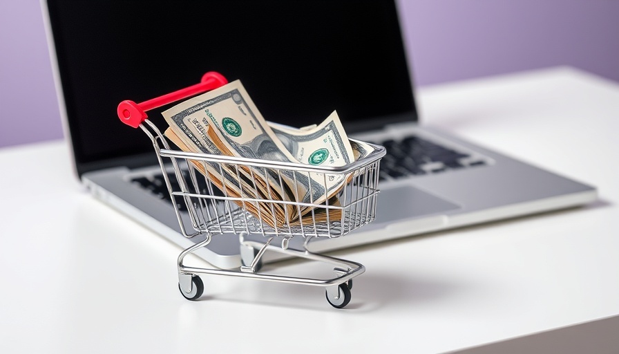 Economic impacts: Shopping cart with money beside laptop.