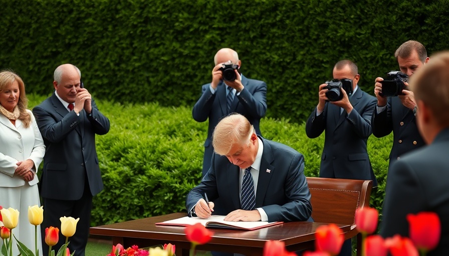 President signing document in garden ceremony amidst crowd