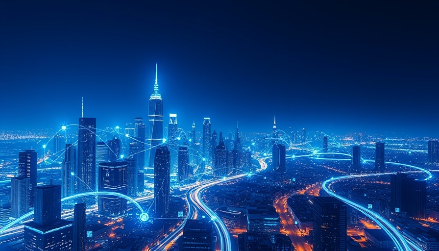 Futuristic AI-focused investments skyline with digital connections.