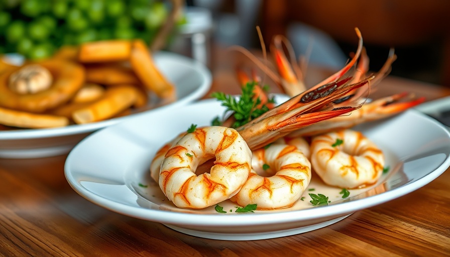 Keto honey old bay shrimp dish on a white plate, garnished with herbs.