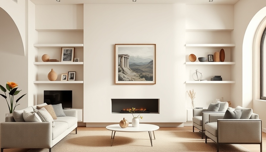 Grecian bookshelf trend with modern decor and artwork in a minimalist room.