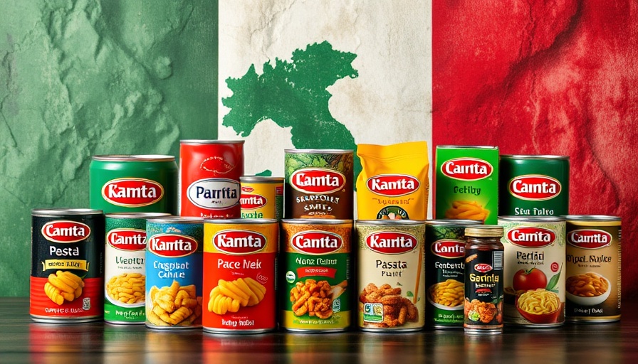 Variety of unhealthiest canned pastas on Italian-themed background.