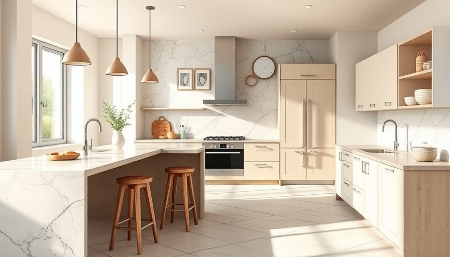 Modern kitchen with organic design featuring marble and wood elements.
