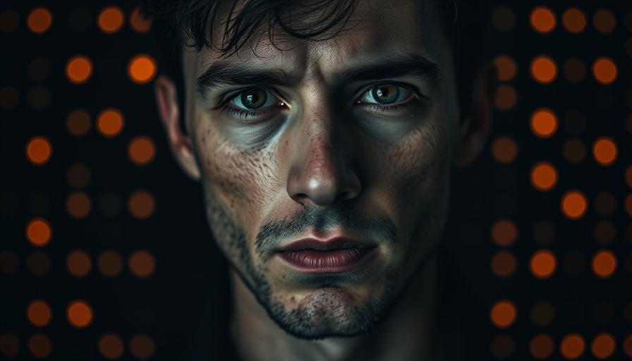 Moody portrait with abstract orange dots representing faith is failing.