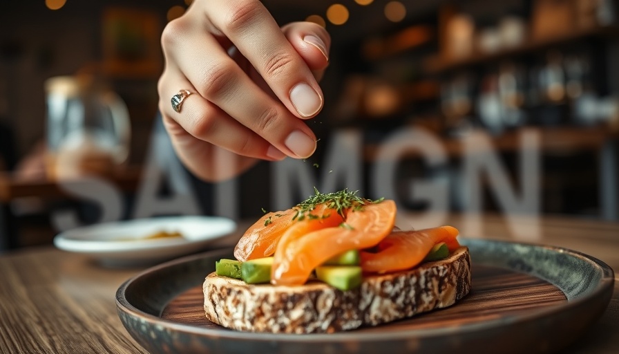 Seasoning salmon avocado toast, cozy cafe with blurred text overlay, Cinematic.
