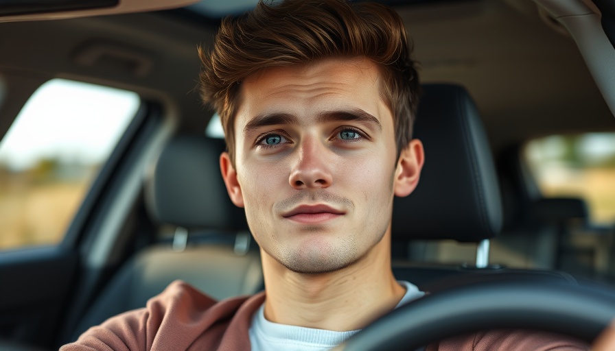 Young man in car expressing calmness, interior setting.