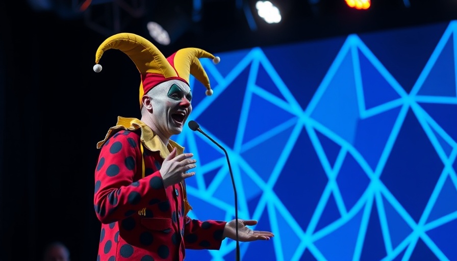 Budget-Friendly Gaming event with colorful jester figure speaking.