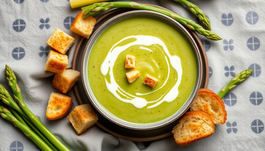 Creamy asparagus leek soup with croutons and cream.