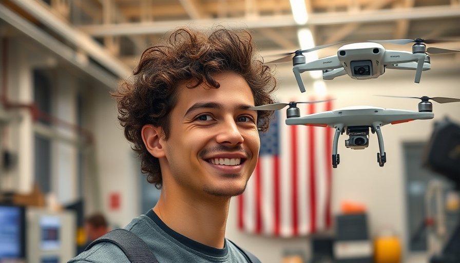 Brinc Drones tech workshop with smiling young man and flying drones.