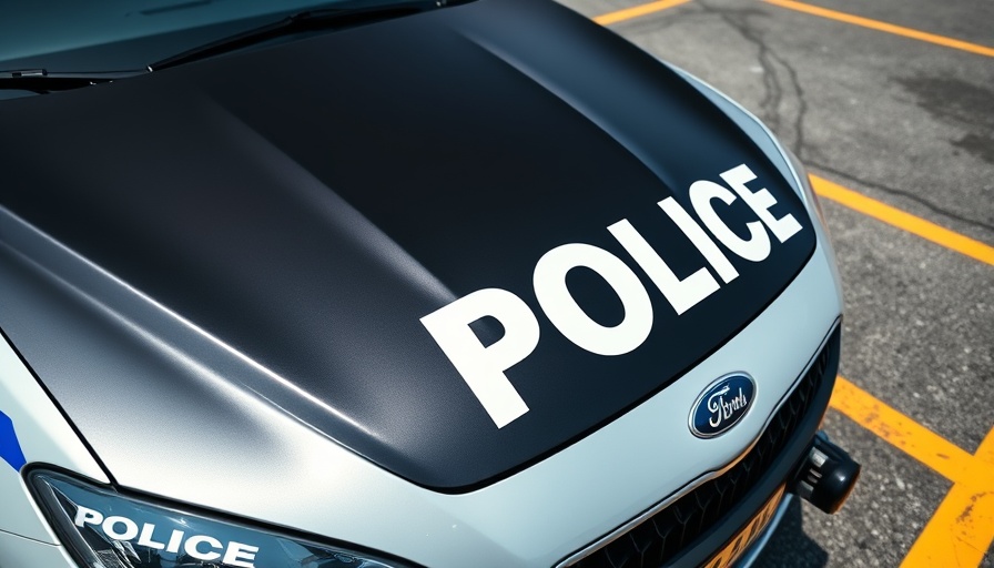 Close-up of police car with bilingual signage in a parking lot.