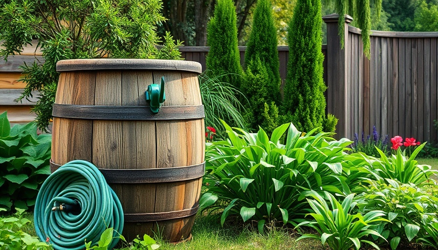 Lush garden with a wooden rain barrel and hose, sunny day.