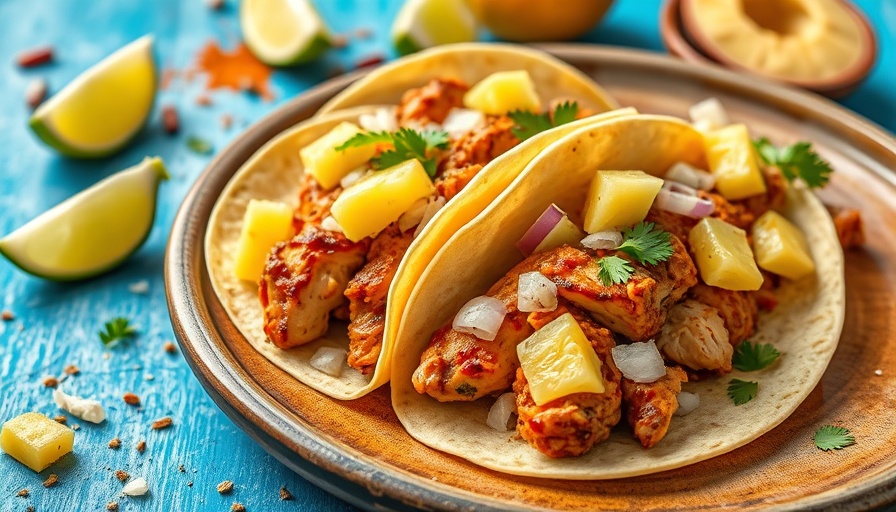 Chicken al Pastor tacos recipe with pineapple and onions on plate.