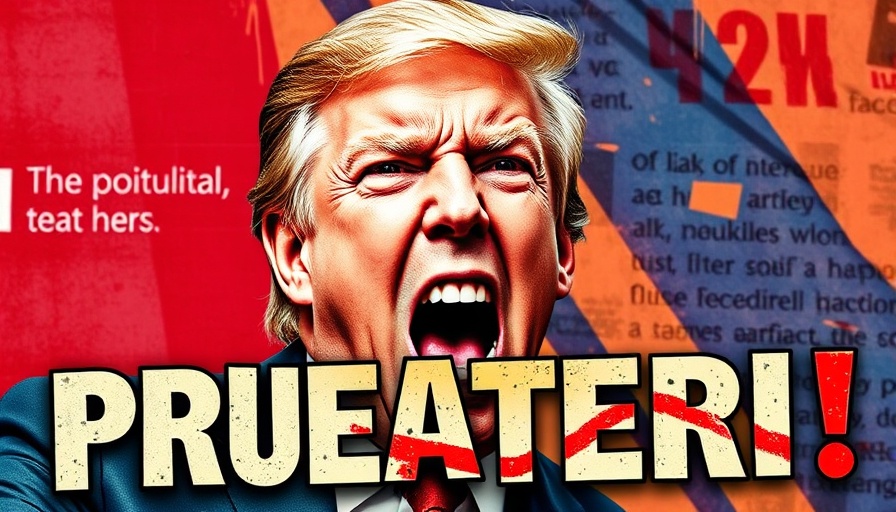Angry political figure with animated text shouting in bold typography.