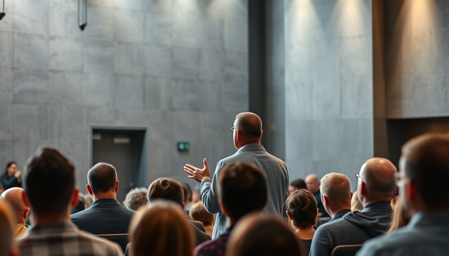 Charismatic speaker presenting at modern English-speaking evangelical church in Spain.