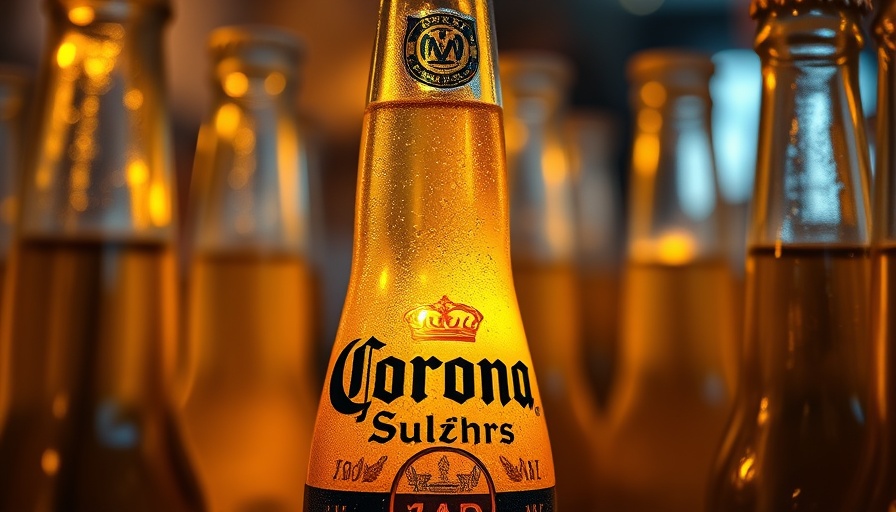 Corona beer bottle warmly lit among blurred bottles.