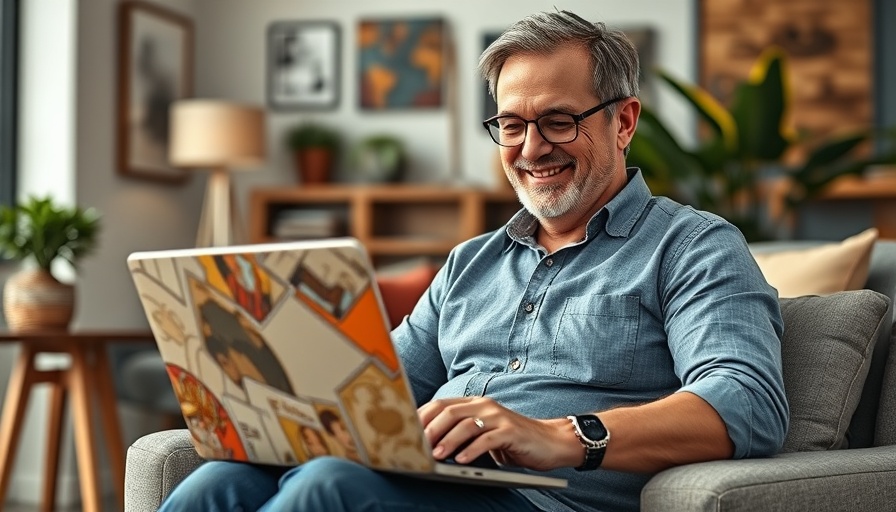 Man smiling while using comic-themed laptop indoors