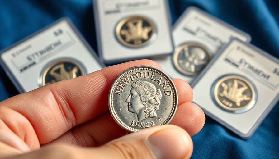 Close-up of silver coin collection for auctions, labeled holders.