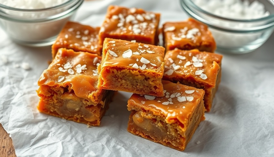 Delicious salted caramel blondies with sea salt on parchment.