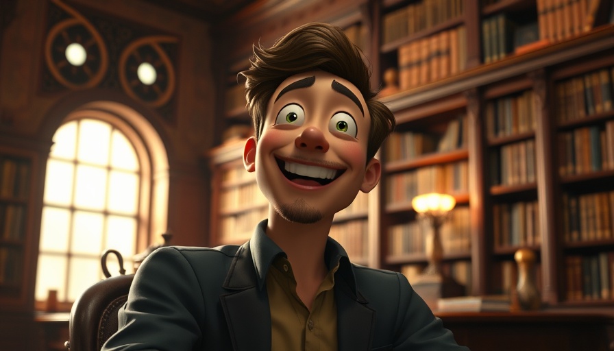 Animated character joyfully gesturing in a Victorian library with books.