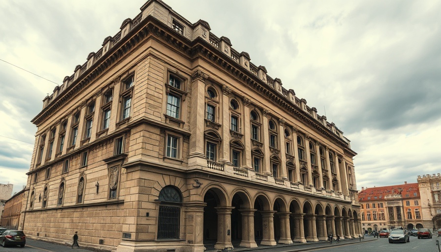 Grand building symbolic of Bank of England in cityscape.