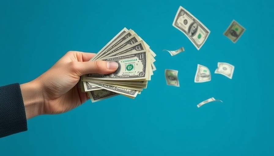 Impact of tariffs on small businesses shown with flying dollar bills.