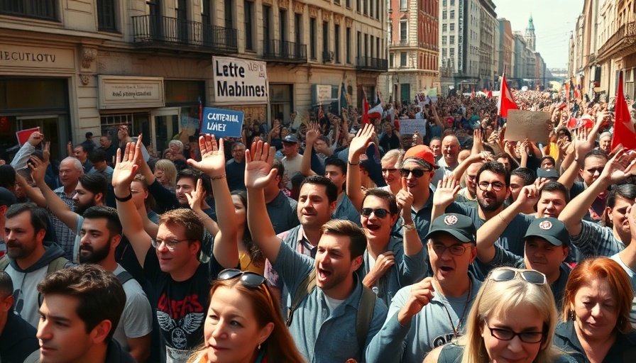 Large crowd of people protesting on urban street, cinematic photo.