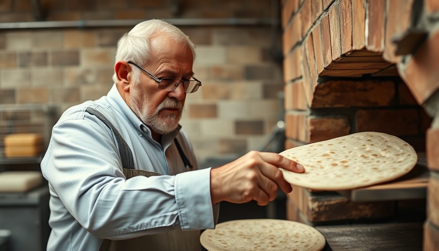 Man baking matzah for Passover in traditional oven.