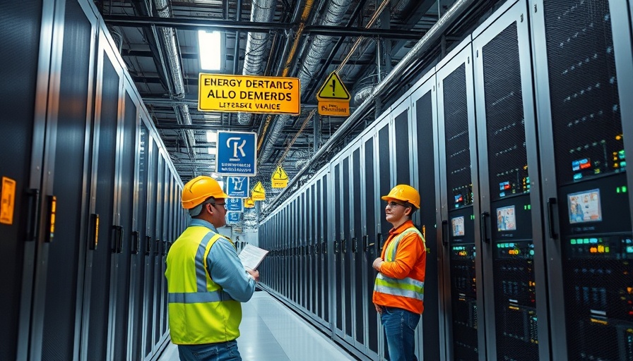 Technicians inspecting AI data center servers, highlighting electricity demands.