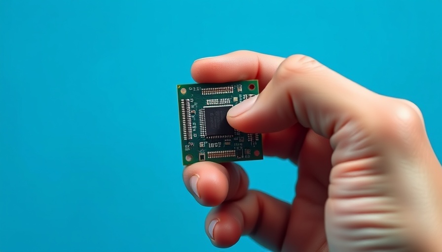 Close-up of hand holding computer processor against blue background.