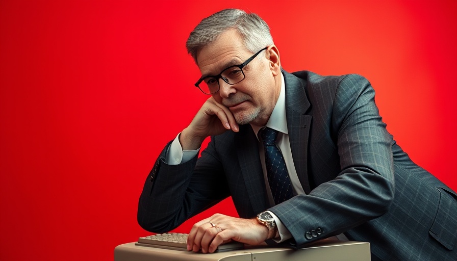 Confident man with classic computer on red backdrop reflecting vintage tech era.