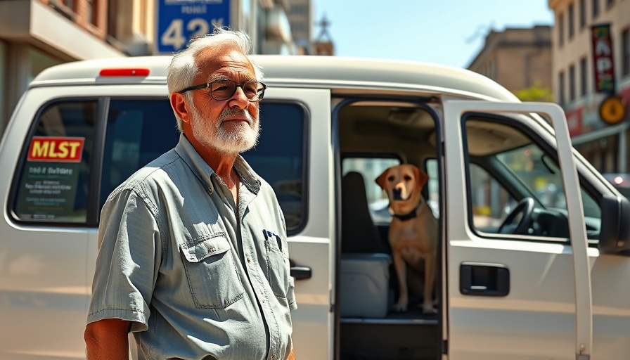 Older man and dog by a van, city street, sunny day