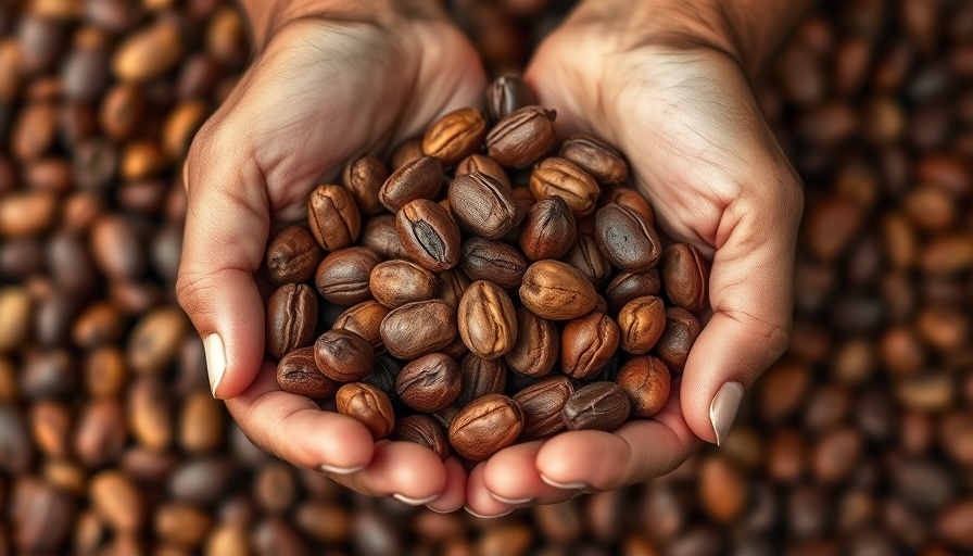 Freshly harvested cocoa beans held in hands, earthy texture.