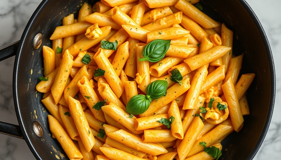 Chicken Curry Pasta dish in a skillet with basil garnish.