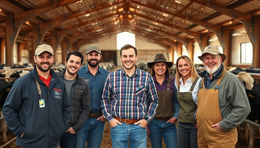 Smiling farm workers in barn with cows, showcasing dairy farm environment.