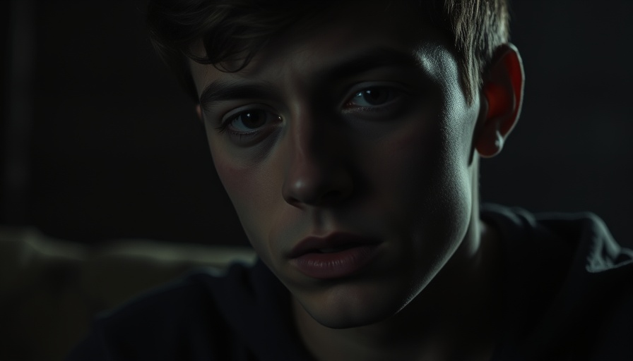 Dimly lit close-up of young man in a serious expression, dark background