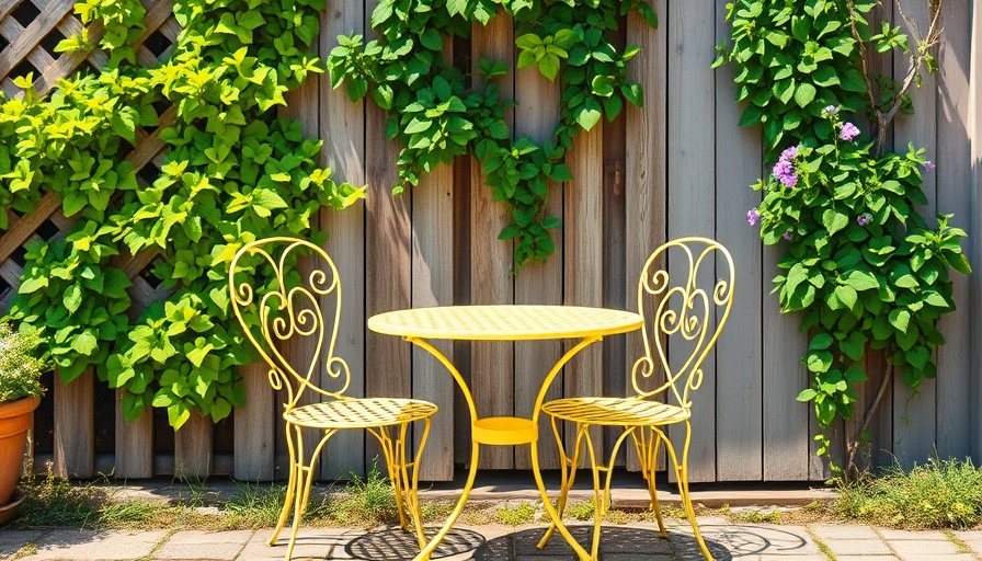 Pastel garden furniture set with yellow chairs and table in a lush garden.