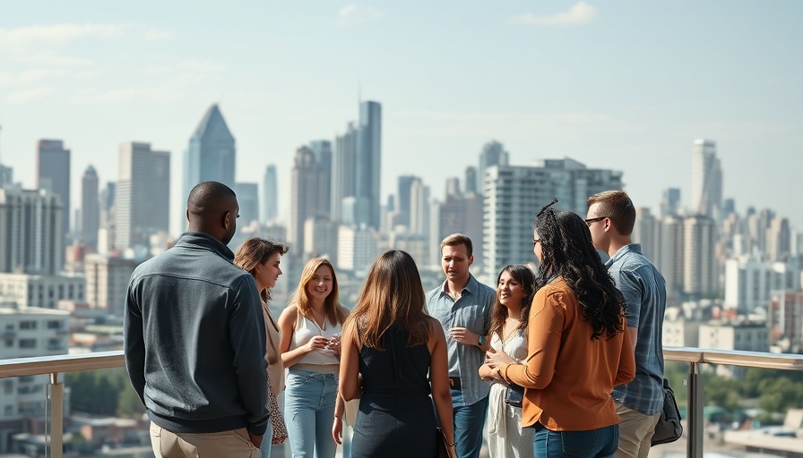 Urban skyline with people discussing shared ownership.