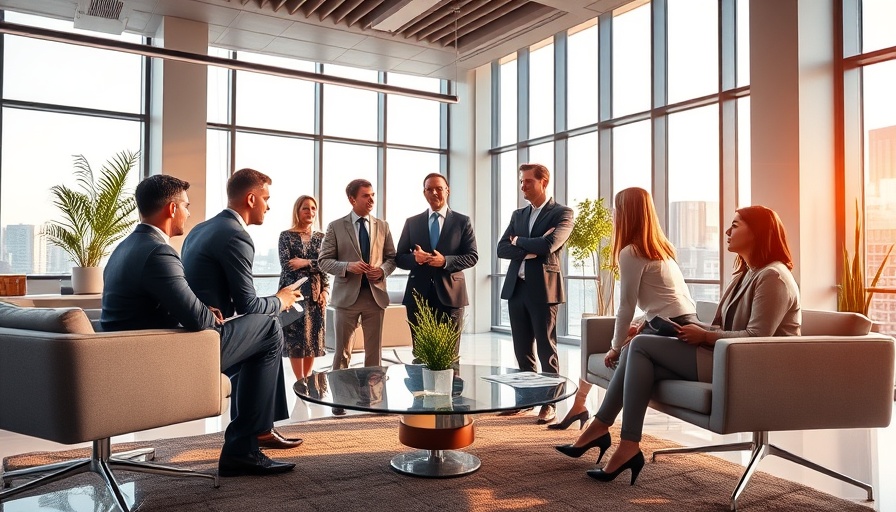 Mortgage brokers discussing spring statement in a modern office.