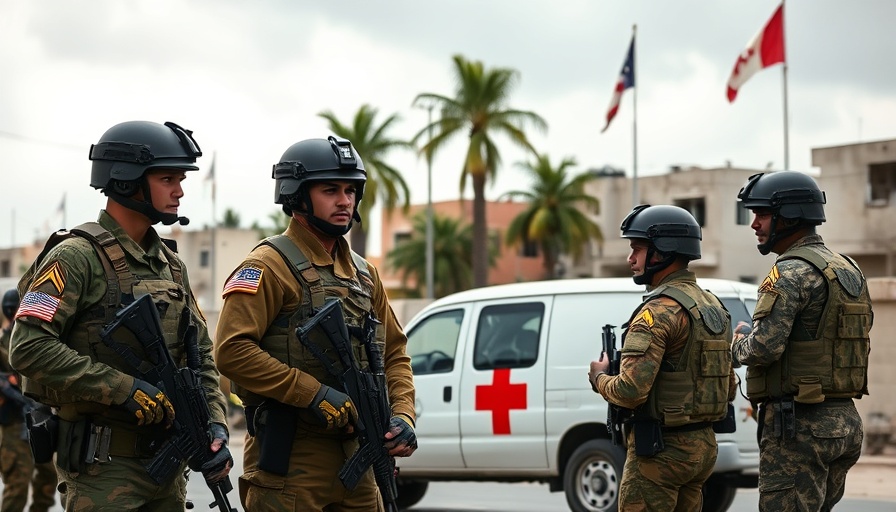 Negotiation scene with soldiers and Red Cross vehicle in conflict zone.
