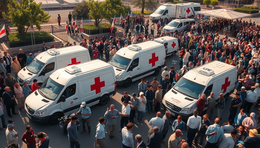 Aerial view of humanitarian gathering with Red Cross vehicles in Israel.