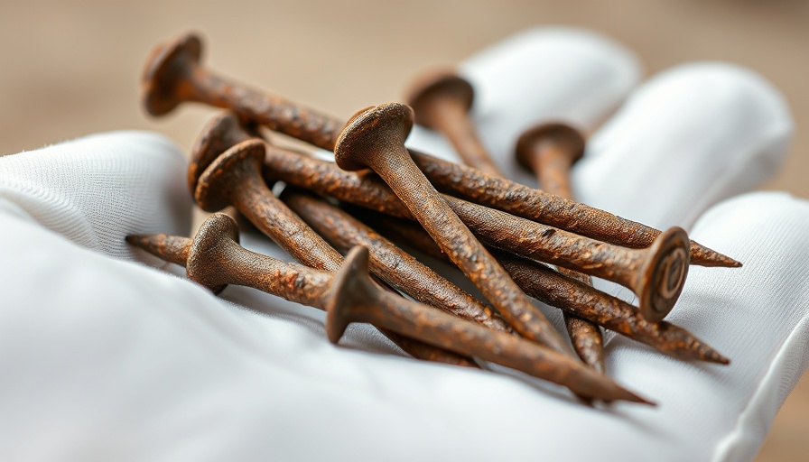 Rusted nails suggestive of crucifixion, held in gloved hand.