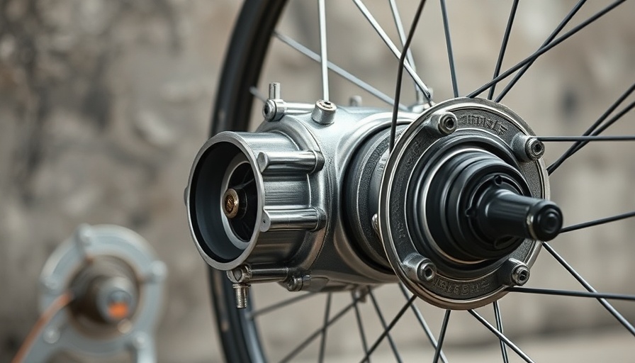 Close-up of drop-in electric hub motor on concrete floor.