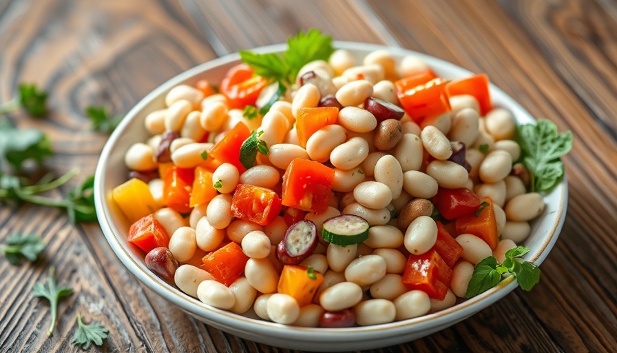 Delicious creamy white bean salad with colorful veggies.