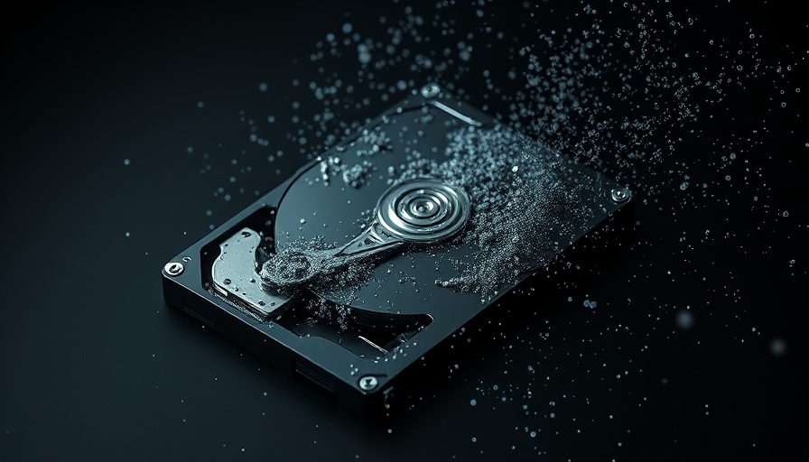 Disintegrating hard drive in abstract dark space, symbolizes decay.