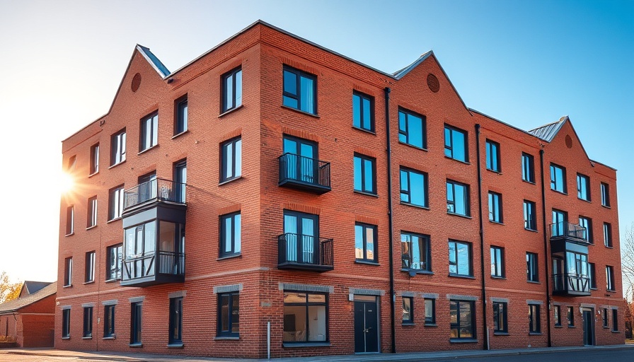 Newly constructed property with brick facade and balconies in sunlight.