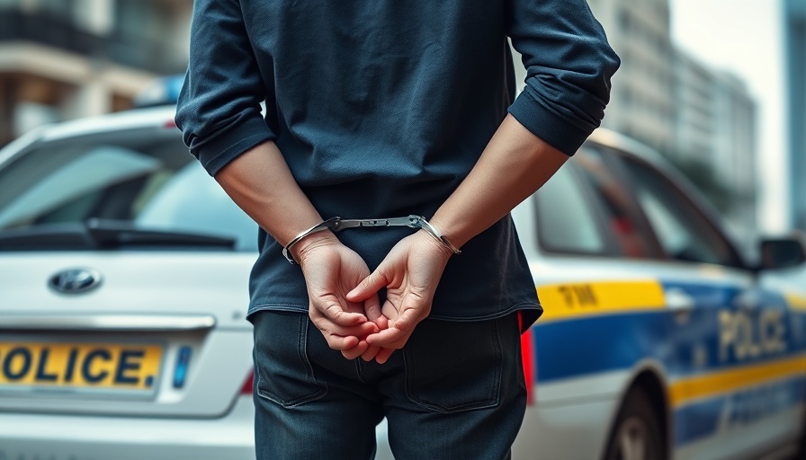 Person handcuffed beside a car, highlighting arrest scenario.