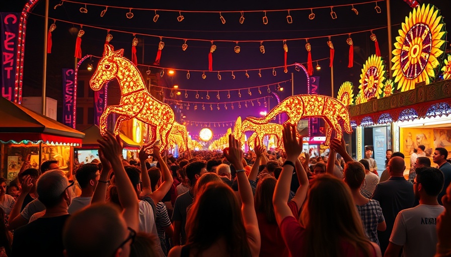 Dumfries Carnival with illuminated art and joyful crowd, night festivities.